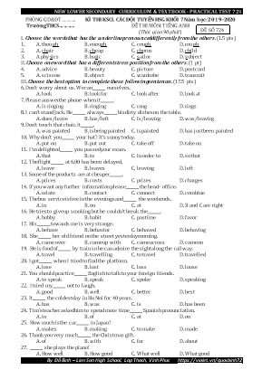 Đề thi khảo sát chất lượng đội tuyển học sinh giỏi môn Tiếng Anh Lớp 7 - Đề số 724 - Năm học 2019-2020 - Đỗ Bình